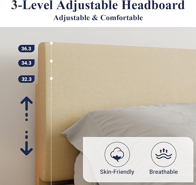 Allewie Full Size Bed Frame with Adjustable Headboard, Upholstered Platform Bed with Wood Slats, Heavy Duty Mattress Foundation, No Box Spring Needed, Noise-Free, Easy Assembly, Beige