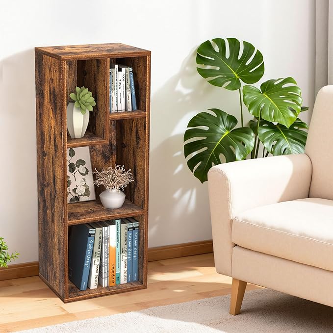 VECELO Small Bookshelf, 4 Cube Slim Bookcase, Fits Tallest Hardcovers, Horizontal Available, Modern Floor Standing Unit, Each Shelf Hold Up to 66 LBS,Brown