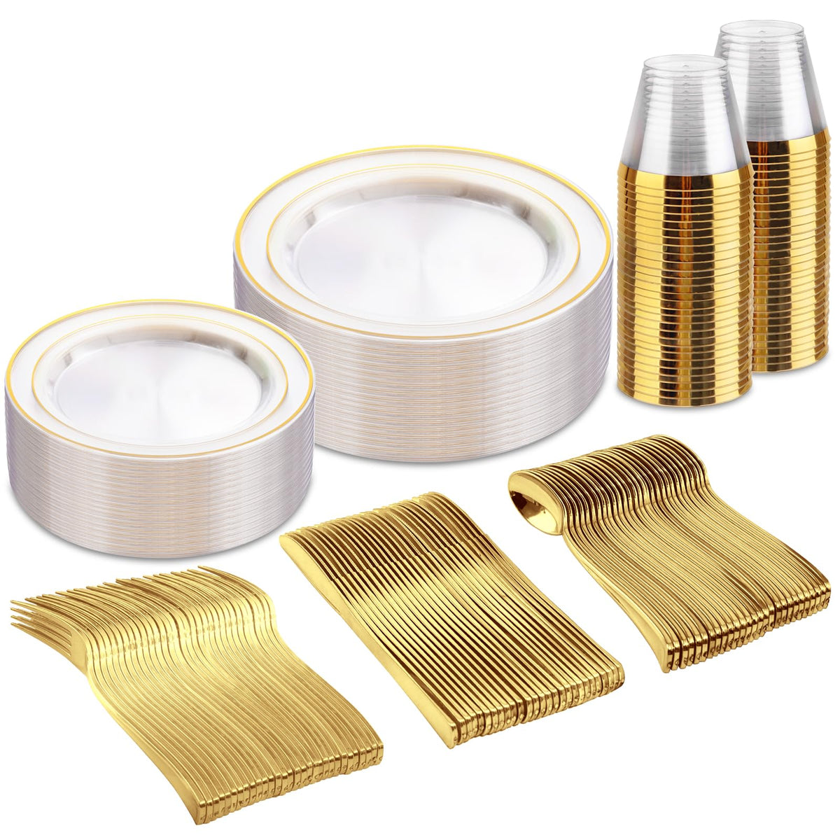 bUCLA 600PCS Clear Rose Gold Plastic Dinnerware Set Disposable - Include 100 Dinner Plates, 100 Dessert Plates, 100 Knives, 100 Forks, 100 Spoons, 100 Cups for Party & Wedding