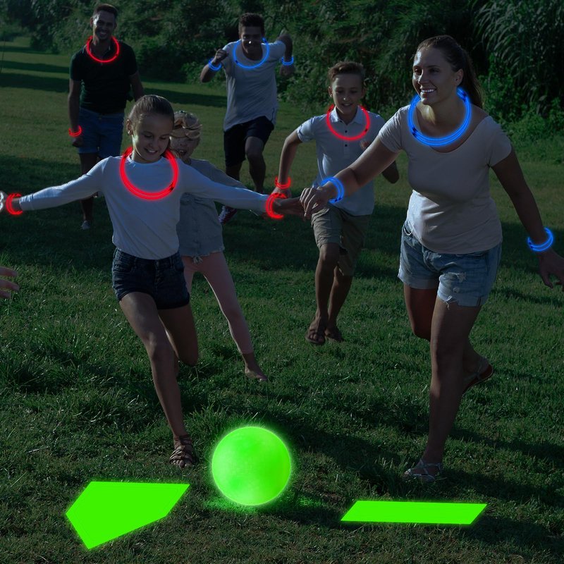 Hiboom 9 Pcs Glow in the Dark Kickball Dodgeball Set Includes 10 Inch Playground Ball with Pump 5 Rubber Bases 100 Glow Sticks for Adults Playground School Backyard Game Outdoor Indoor Games