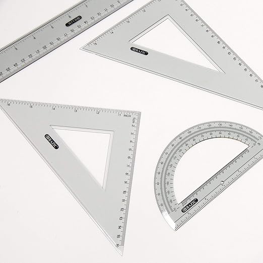 BAZIC Products Math Geometry Set 4 Pieces, Protractor, 12" Ruler, 2 Triangle Rulers, Plastic Clear Measuring Sets for Students School Supplies, 1-Pack