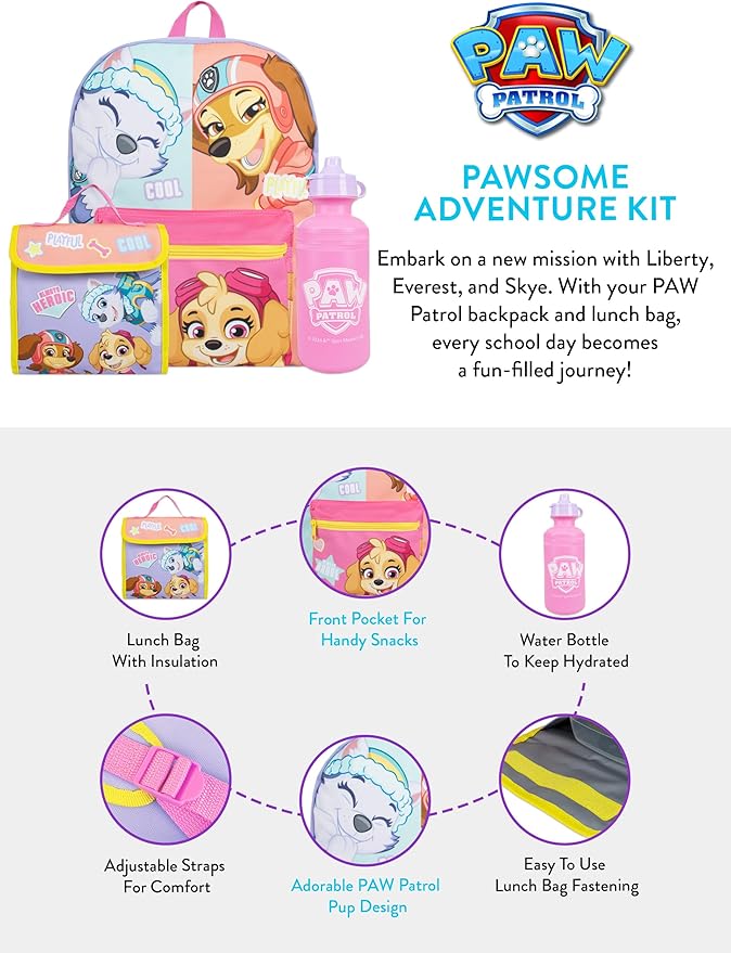 Paw Patrol Backpack 3 Piece Set | Skye Girls Backpack, Lunch Bag And Water Bottle | Girls School Bag | One Size Purple