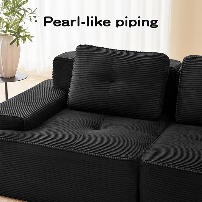 150" Modern Corduroy Cloud Sofa with Ottoman, U Shaped Boneless Modular Large Sectional Couches for Living Room, Black 4 Seater Compressed Memory Foam Couch, Extra Deep Seat, No Assembly