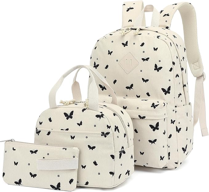 Corduroy Girls Backpack Set, 3PCS School Backpacks for Kids Elementary Middle School Bags with Lunch Box Pencil Case (Beige Corduroy Butterfly)