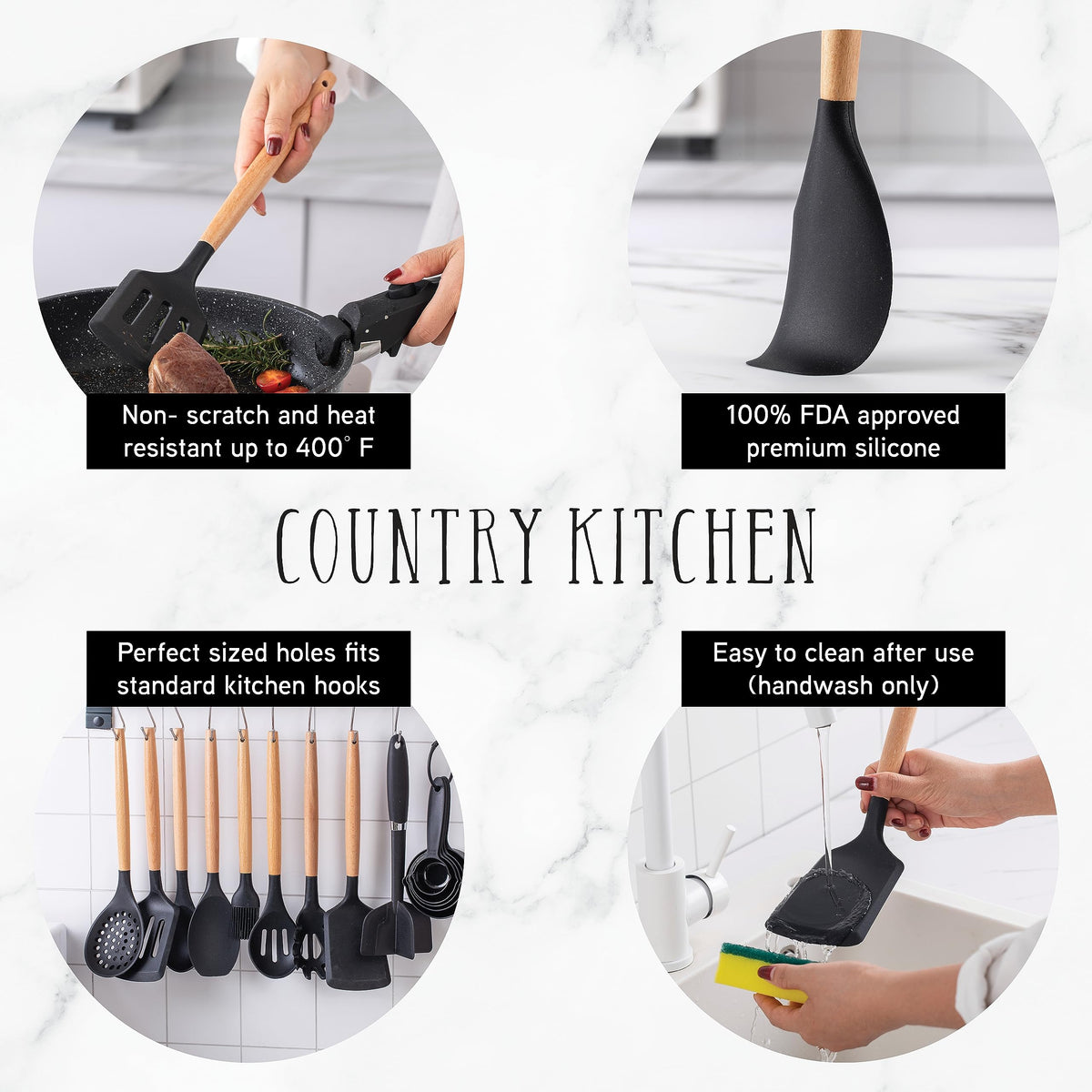 Country Kitchen Non Stick Silicone Utensil Set with Rounded Wood Handles for Cooking and Baking, 6 Piece Set, Black