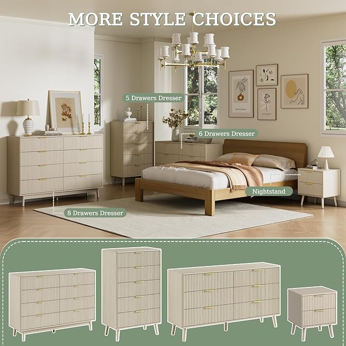 LYNSOM 55" Wide Fluted Dresser for Bedroom with 6 Drawer, Modern Chest of Drawers with Curved Profile Design and Metal Handles, Wood Dresser TV Stand & Storage Organizer for Living Room, Beige
