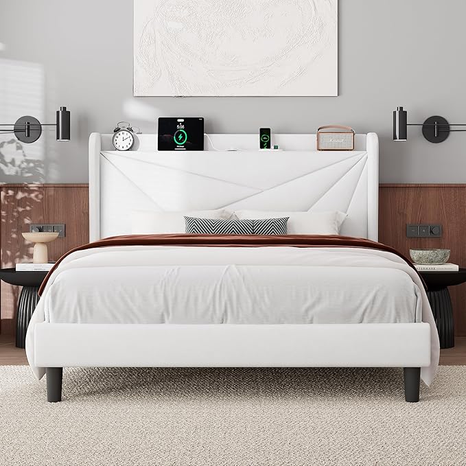 Feonase Full Bed Frame with Charging Station, Velvet Upholstered Platform Bedframe with Wingback Headboard, Solid Wood Slats Support, Noise Free, No Box Spring Needed, White