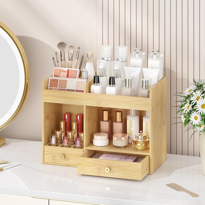 Makeup Organizer with Drawers, Bamboo Countertop Cosmetic Storage for Dresser Vanity Organizer Beauty Desk Skincare Holders Container Make Up Organizing for Lipstick