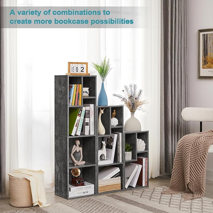 VECELO Small Bookshelf, 3 Cube Shelf, Fits Tallest Hardcovers, Horizontal Available, Modern Storage Organzier for Small Spaces,Gray