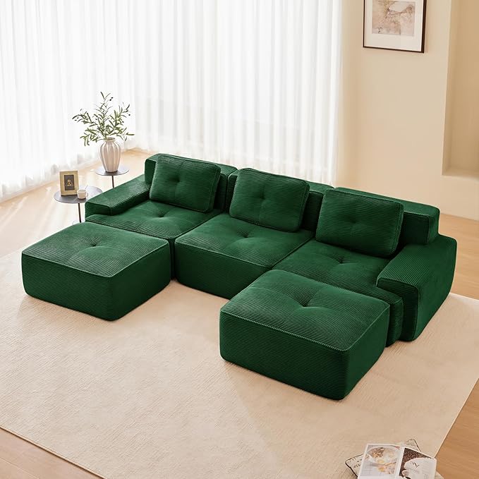 Green Ottoman for Modular Sectional Sofa, Corduroy Deep Seat for Oversized Compressed Boneless Sectional Couches for Living Room Bedroom Apartment, Cloud Sofa Couch, Memory Foam, No Assembly