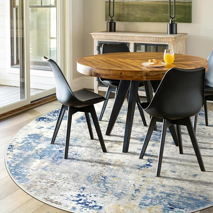 Lahome Washable Round Rug 5Ft, Blue Modern Abstract 5x5 Circle Rugs for Living Room Bedroom, Soft Contemporary Large Indoor Carpet for Kitchen Apartment Basement Home Office