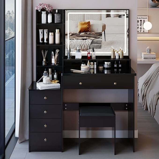 41" Vanity Desk with Mirror and Lights, Makeup Table with Led Mirror, 3 Lighting Colors, Vanity Set with Drawers and Stool for Bedroom, Black