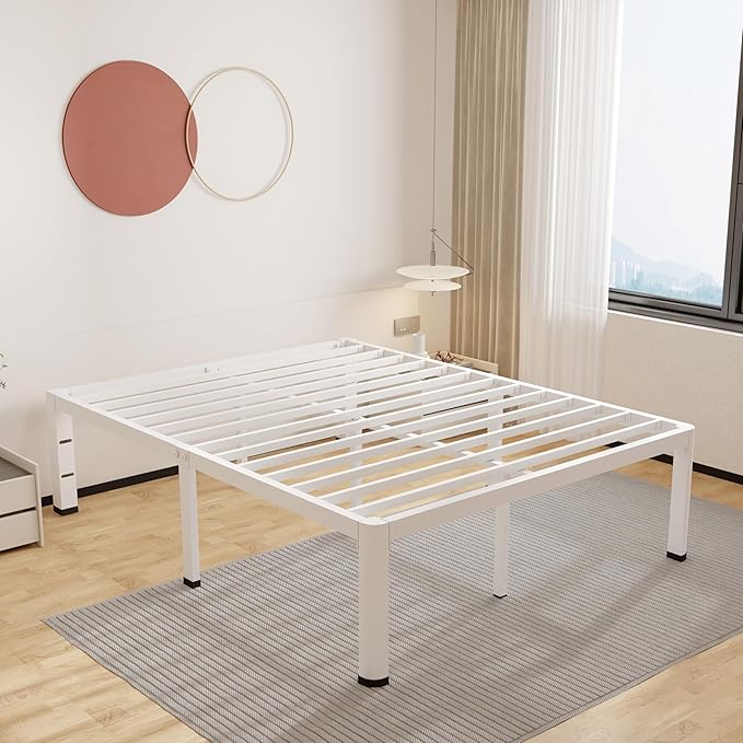 ROIL 18 Inch White Full Size Bed Frame with Rounded Corner and Headboard Hole Mattress Retainers 3500LBS Heavy Duty Steel Slats No Box Spring Needed Platform Noise-Free Easy Assembly