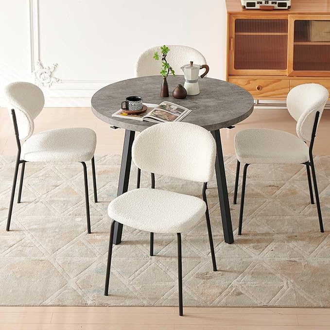 Modern Dining Table Set for 4, Industrial Kitchen Table Set, 37" Round MDF Living Coffee Table with 4 Seated Boucle Dining Chairs Upholstered, Metal Legs for Dining Hall, Living Room