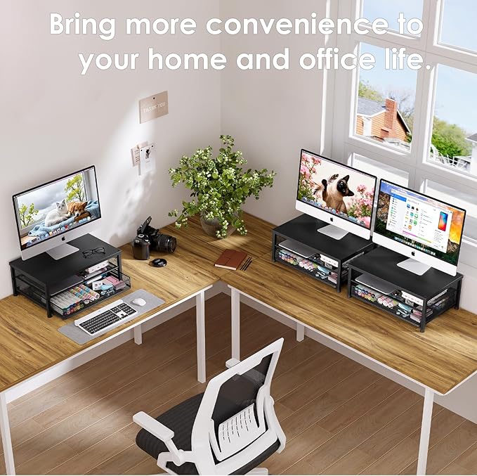 OPNICE Computer Monitor Stand Riser, Desk Organizer with Drawer, Laptop Stand, Office Desk Accessories & Workspace Desktop Organizers Storage for Office Supplies(Black 2-Pack)