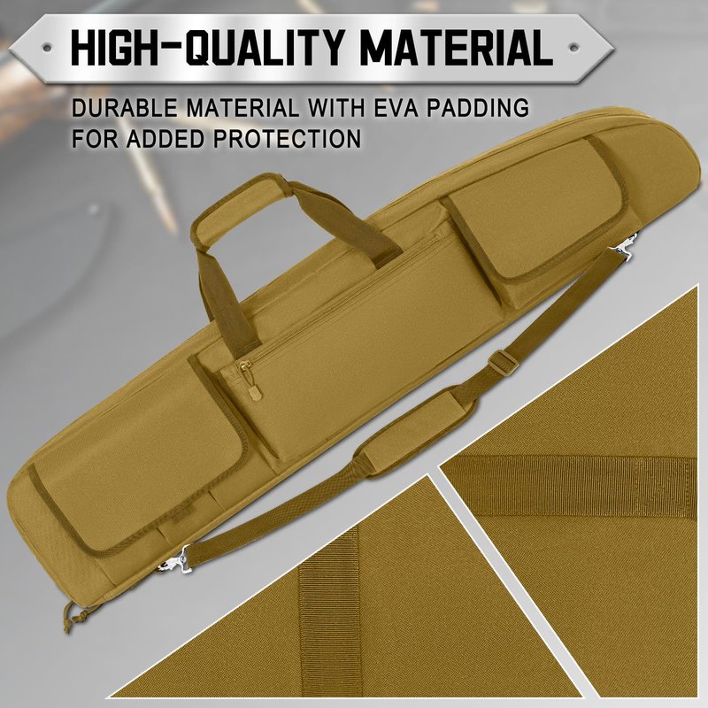DULCE DOM Double Rifle Case, 38 42 44 inch Soft Gun Tactical Bag for Shooting Range, Movable Divider for 1 or 2 Gears, Multiple Magazine Pouches & Accessory Bags (Khaki, 42'')