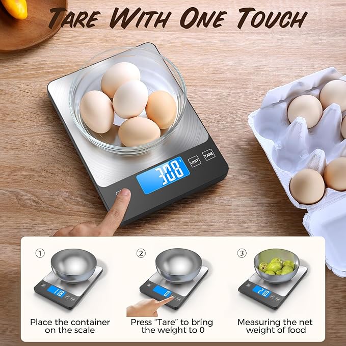 33lb Food Scale, NASA-Grade Digital Kitchen Scale, Precisely Measures Grams and Ounces for Baking and Cooking, Waterproof Tempered Glass & Stainless Steel Platform