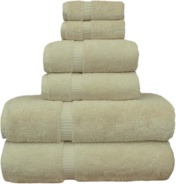 Luxury Hotel & Spa Quality, Quick Dry 100% Turkish Cotton, 700 GSM, Eco Friendly Towel, Bathroom and Kitchen Dobby Border Towels, 2-Bath Towel, 2-Hand Towel, 2-Washcloth (Bundle Set of 6, Beige)