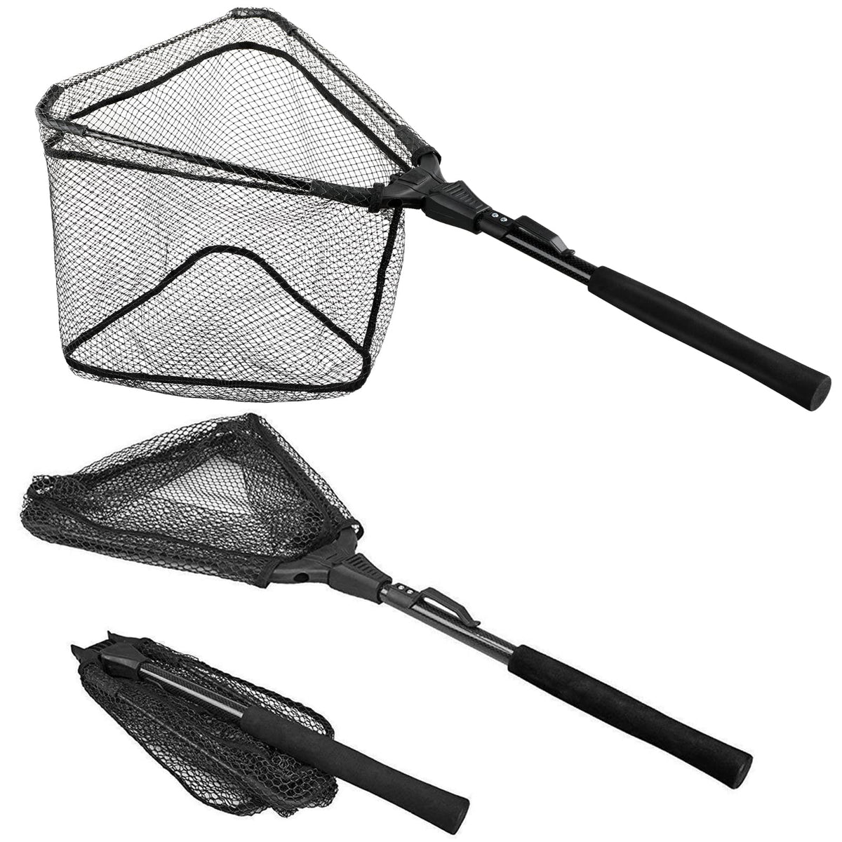 PLUSINNO Fishing Net Fish Floating Landing Net, Kayak Nets with Fixed Foldable Telescopic Pole Handle,Bass Trout Fishing Nets with Nylon Mesh for Pond Lake River,Fishing Gear Gifts for Men,Black 0.8M