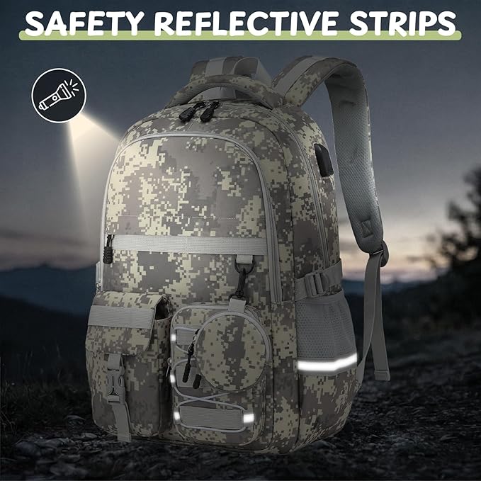 School Backpack for Boys - Camo Boys Backpack for Kids Teens Elementary, Middle & High School Bookbag Daypack with Camouflag Design,18″ Large Capacity with Usb Charging Port & Key-chain
