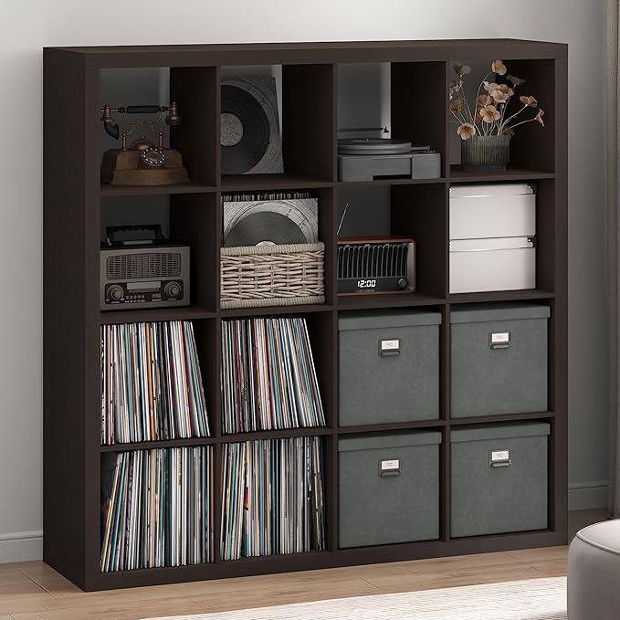 Furinno Cubicle Record Player Stand with Vinyl Storage, 16-Cube Vinyl Record Storage, 1.65" Triple Thick Open Back Media Shelf for CD DVD Blueray Game, for Living Room, Home Office, Black Dark Oak