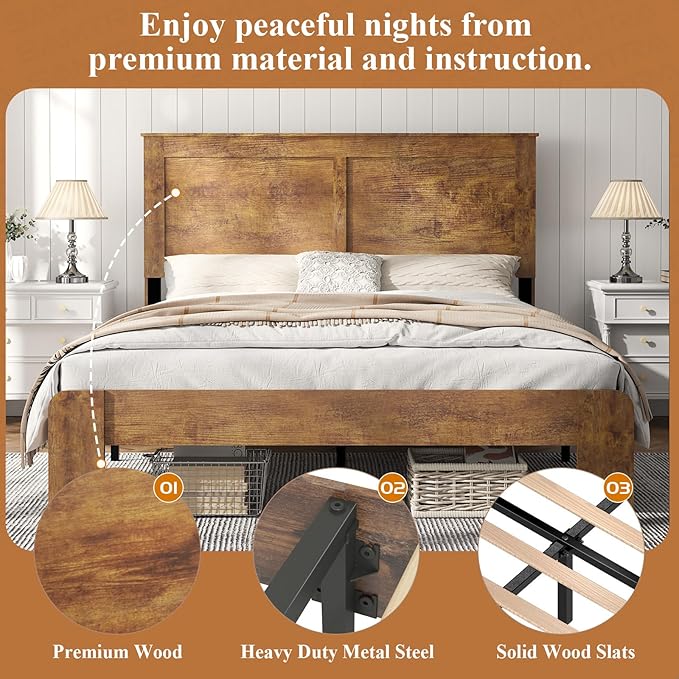 Wooden Bed Frame King Size with Headboard, Farmhouse Platform Bedframe with Wood Slat Support, Sturdy Framework Bed Frame, Easy Assembly (Rustic Brown)