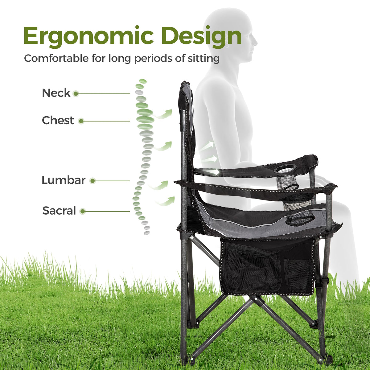 ALPHA CAMP Oversized Camping Folding Chair - Heavy Duty Steel Frame Support 350 LBS, Collapsible Padded Arm With Cup Holder, Quad Lumbar Back, Portable for Outdoor/Indoor