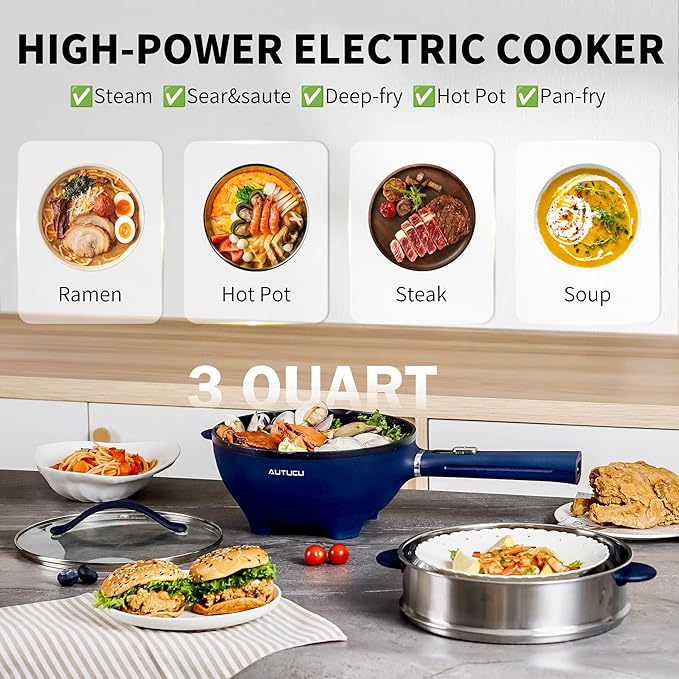 AUTUCU 3-Quart Electric Hot Pot & wok Nonstick with Steamer | Electric Skillet 1200W for Dorm, Home, Gifts (Includes Silicone Spatula) Multi-Cooker