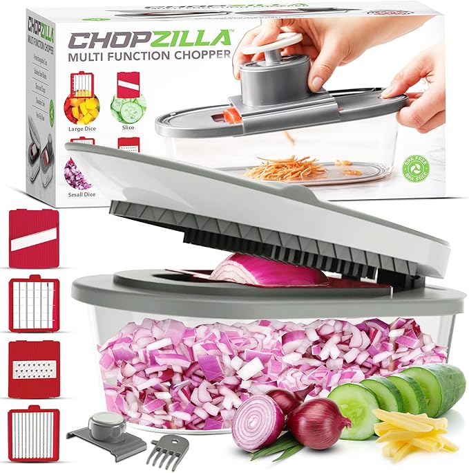 Vegetable Chopper and Mandoline Slicer with Container, CHOPZILLA 4 Stainless Steel Blades, BPA-Free Onion Chopper, Vegetable Cutter, French Fry Cutter, Dishwasher Safe Fruit Potato Dicer, Pink
