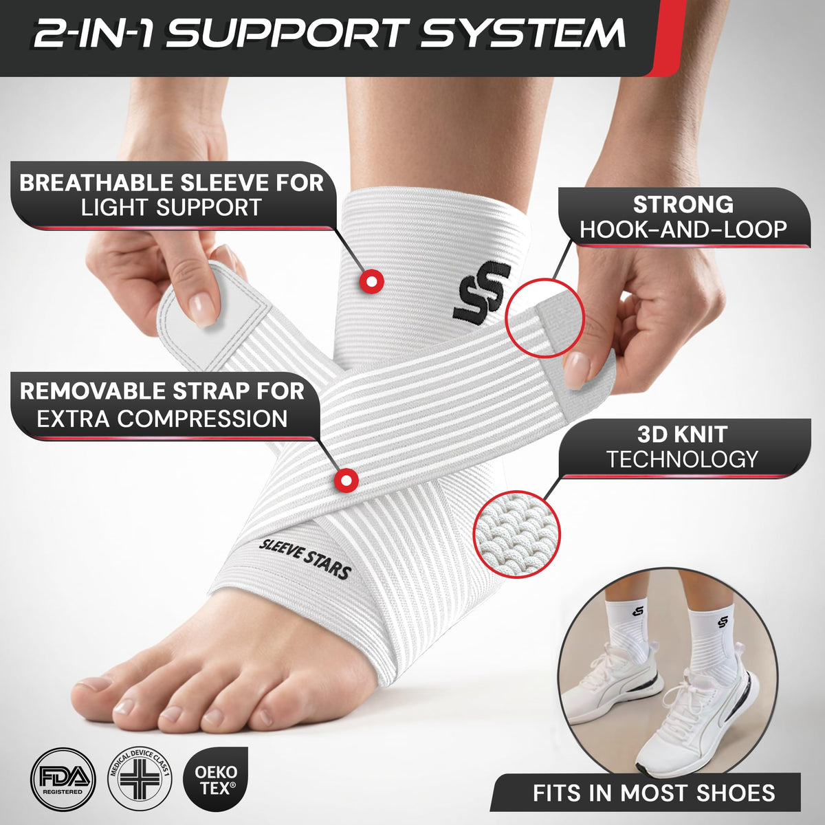 Sleeve Stars Ankle Brace for Women & Men, Ankle Wrap for Sprain, Compression Sleeve for Plantar Fasciitis Relief, Easy Customizable Support: w/ Removable Strap (Pair/M:10"-12"/White)