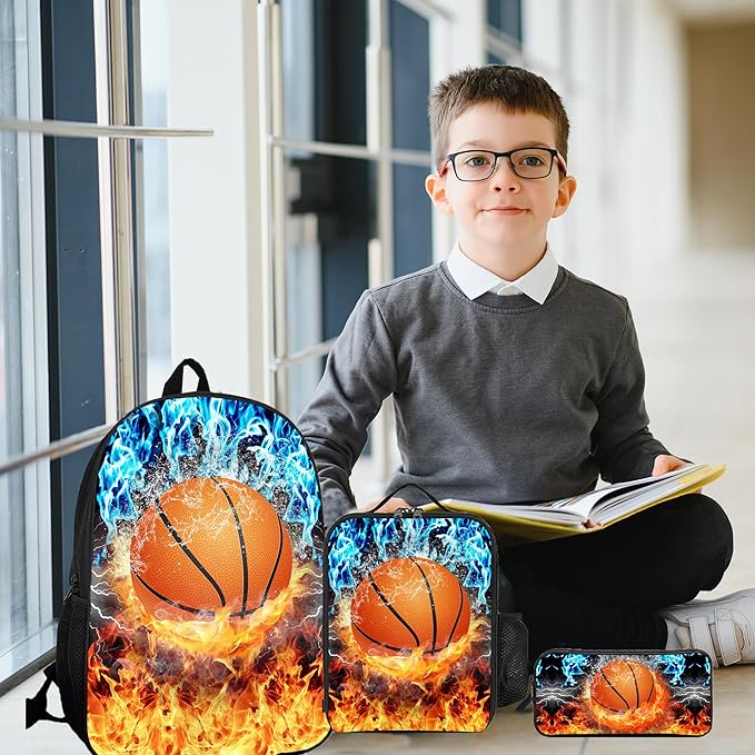 3PCS Basketball Backpack Set for Boys, Lightweight Large Backpack with Lunch Box & Pencil Case, Cool Sport Bookbag for Kids, Back to School Backpacks for Elementary & Middle School - 01