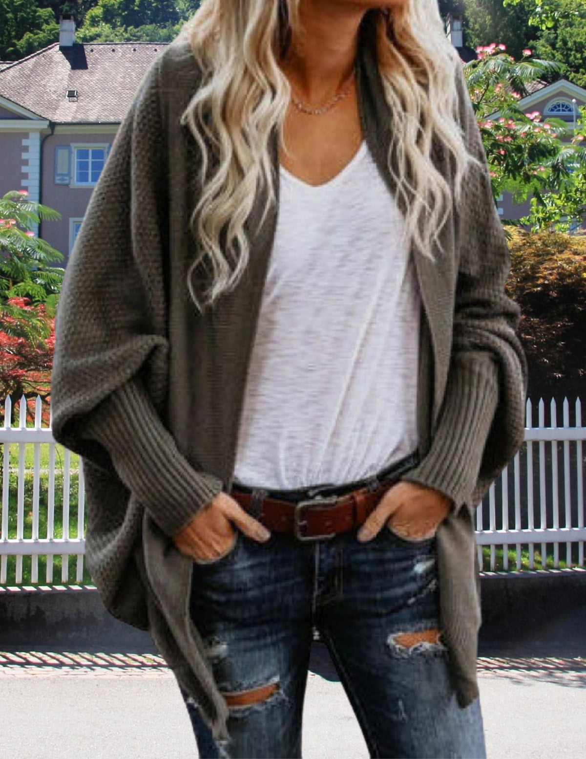 LIZALIG Women's Kimono Batwing Cable Knitted Slouchy Oversized Wrap Cardigan Sweater