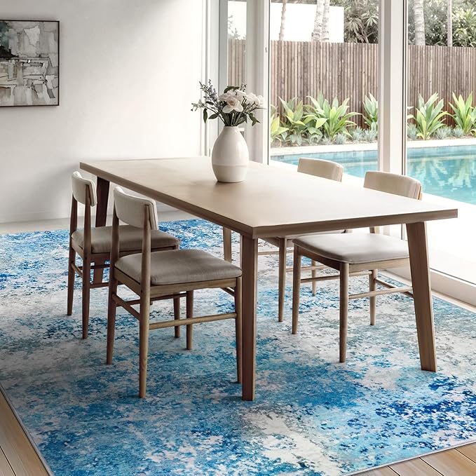 8x10 Area Rugs Living Room Rug - Washable Neutral Modern Abstract Large No Slip Soft Thin Rug Indoor Floor Carpet for Bedroom Under Dining Table Home Office Nursery Room - Blue White