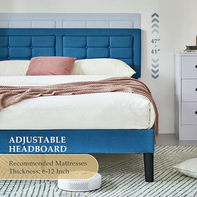 VECELO Queen Size Bed Frame with Adjustable Headboard, Upholstered Button Tufted Platform Bedframe with Wood Slats Support, No Box Spring Needed, Aegean Blue