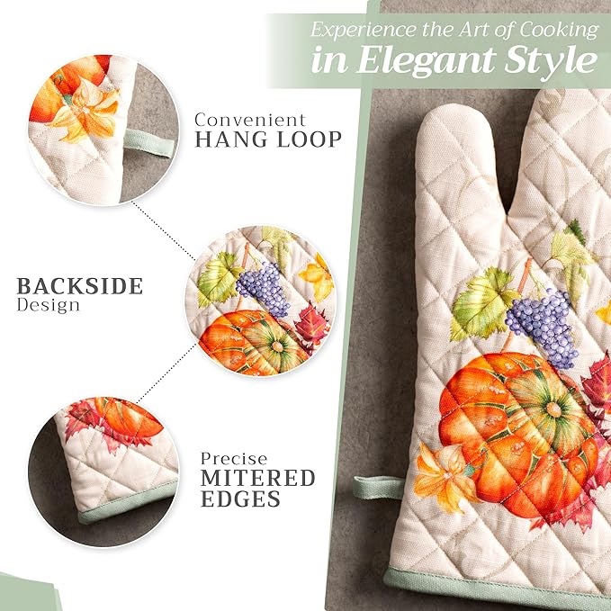 Maison d' Hermine 100% Cotton Oven Mitt & Pot Holder Set (7.5"x13" & 8"x8") Heat Resistant BBQ Cooking Gloves with Loop for Thanksgiving Christmas Decorations Handling Hot Pans (Lumina)