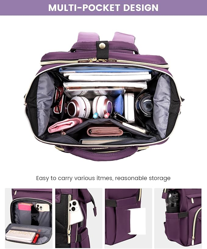 LOVEVOOK Laptop Backpack Women, 15.6 Inch Backpack with Charger, Water Resistant Teacher Bag Work Backpack with Laptop Compartment for Travel Business College, Dark Purple