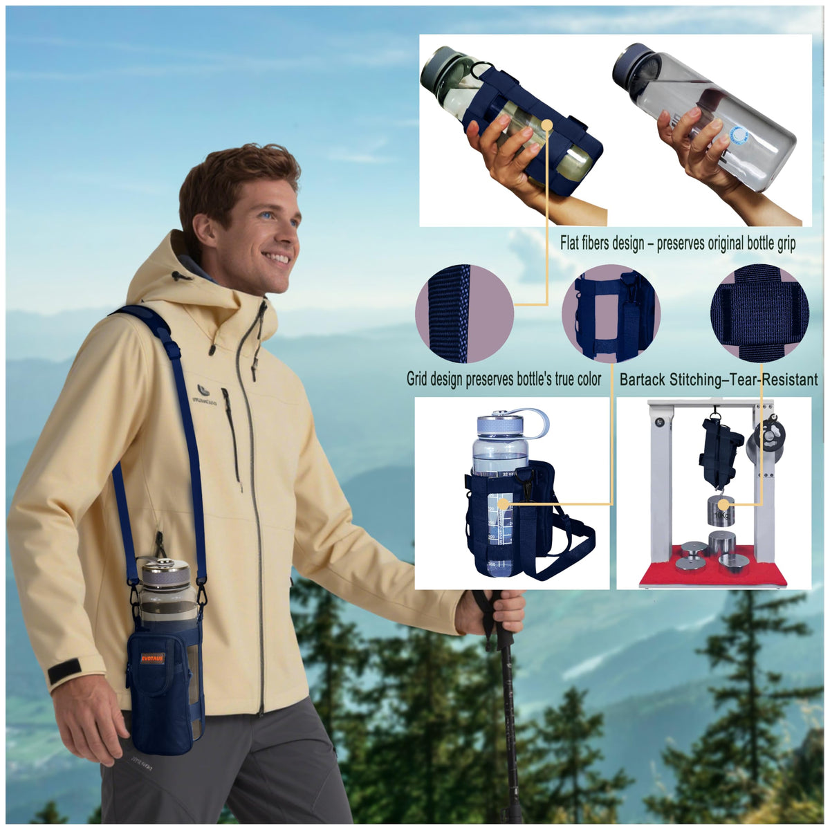 EVOTAUS Water Bottle Holder with Strap - MOLLE Bottle Carrier Sling for Walking - Manual Strap Adjustment for Precise Fit of Most 18-64 oz Bottles (Check Size Fit Guide), Blue