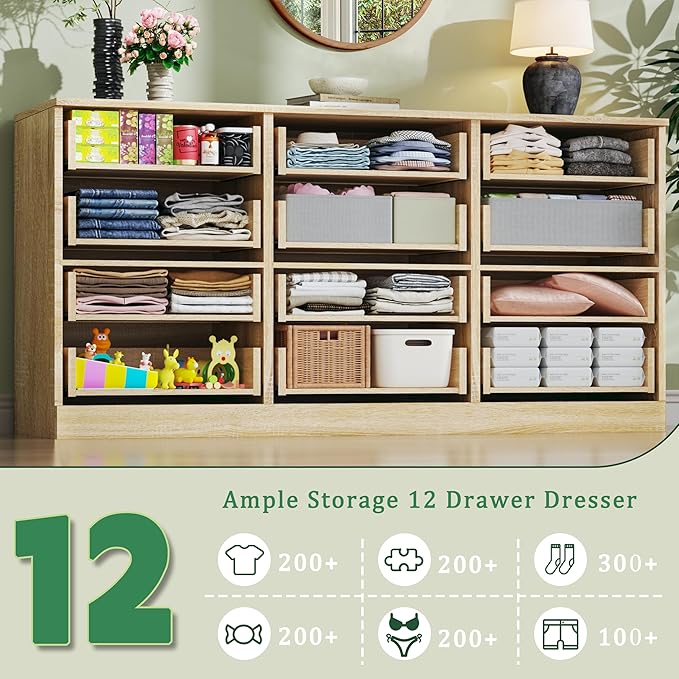60 Inch 12 Drawer Dresser for Bedroom, Long Mid Century Modern Dressers, Wood Vintage Chests of Drawers TV Stand up to 65", Large Storage Organizer for Bedroom, Closet, Entryway, Natural