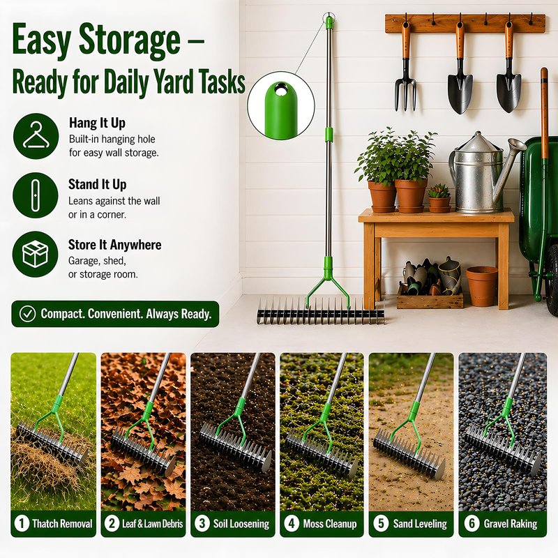 Heavy Duty Thatch Rake for Lawns - 13” Deep-Clean Dethatching Rake for Dead Grass & Moss Removal, Dual-Sided Manual Dethatcher and Scarifier Tool, 65" Long Metal Handle for Garden Yard Lawn Care