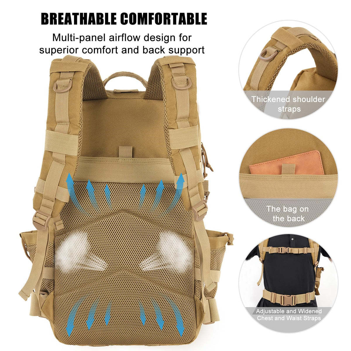 kookoomia Military Tactical Backpack 25L Day Backpack for Men Molle Army 3 Days Assault Pack Bug Out Bag Water Resistant and Heavy Duty Hiking Treeking Rucksack - Brown