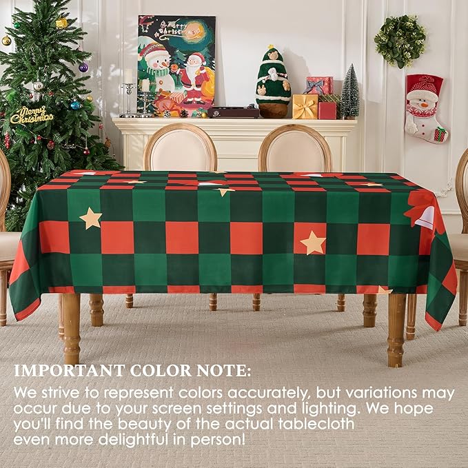 Christmas Tablecloth Rectangular 60x102 Inch Waterproof Table Cloth for 6ft, Washable Polyester Table Cover for Xmas Party, Winter Holiday Home Decoration in Festive Checkered Star 1pack
