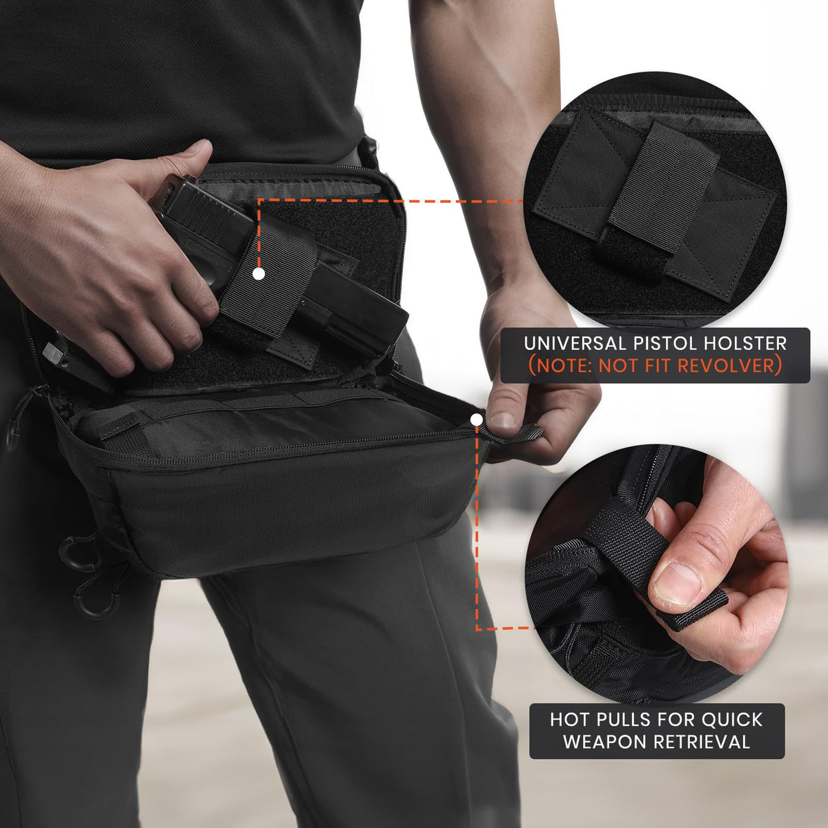 VOTAGOO GEAR Tactical CCW Fanny Bag, Concealed Carry Fanny Pack w/Adjustable Waist Belt Tactical Waist Bag Handgun Pouch with Universal Pistol Holster, Everyday Hip Pack for Men Travel Outdoor (Black)