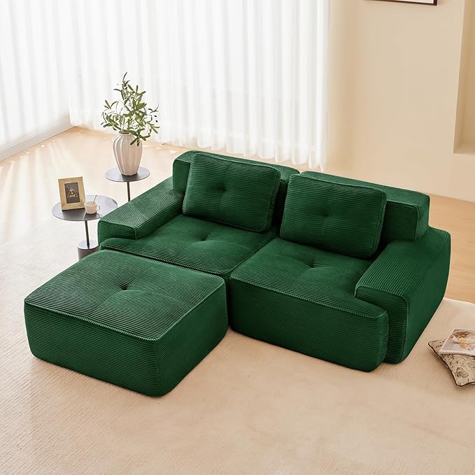 Green Ottoman for Modular Sectional Sofa, Corduroy Deep Seat for Oversized Compressed Boneless Sectional Couches for Living Room Bedroom Apartment, Cloud Sofa Couch, Memory Foam, No Assembly