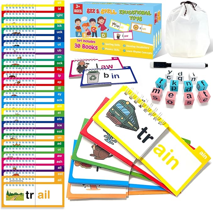 30 Word Family Flip Books, 3-in-1 Read and Rhyme Flip Activity Book Set, ABC Vocabulary Flash Cards, Sight Words Flashcards, Learn to Read Phonics Cards for Kindergarten, Homeschool Supplies