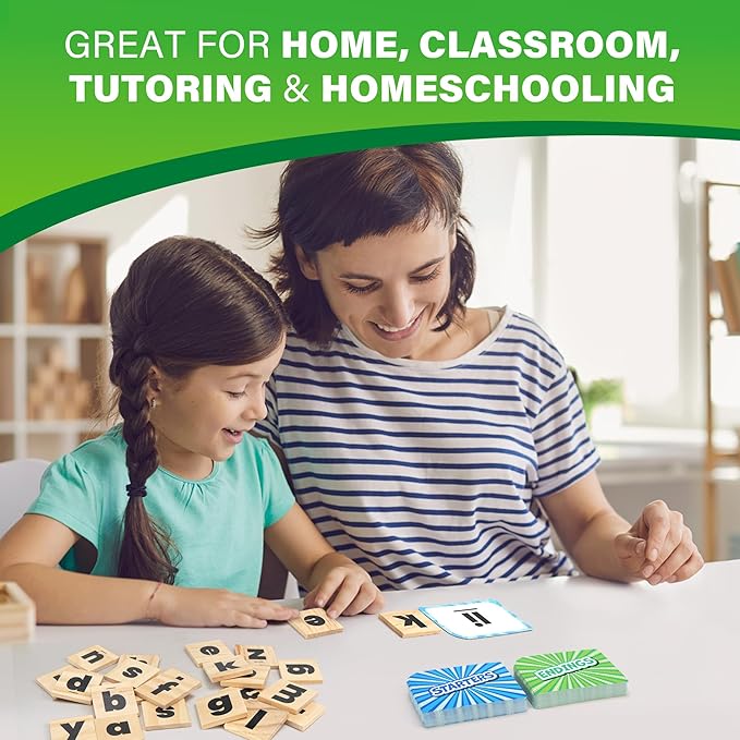 BenBen Family Spelling Games with 112 Flash Cards & Wooden Letter Tiles, CVC Sight Word Building Phonics Game for Kids Ages 4+ & Adults, 1–4 Players, Learning Toys for Home or Classroom