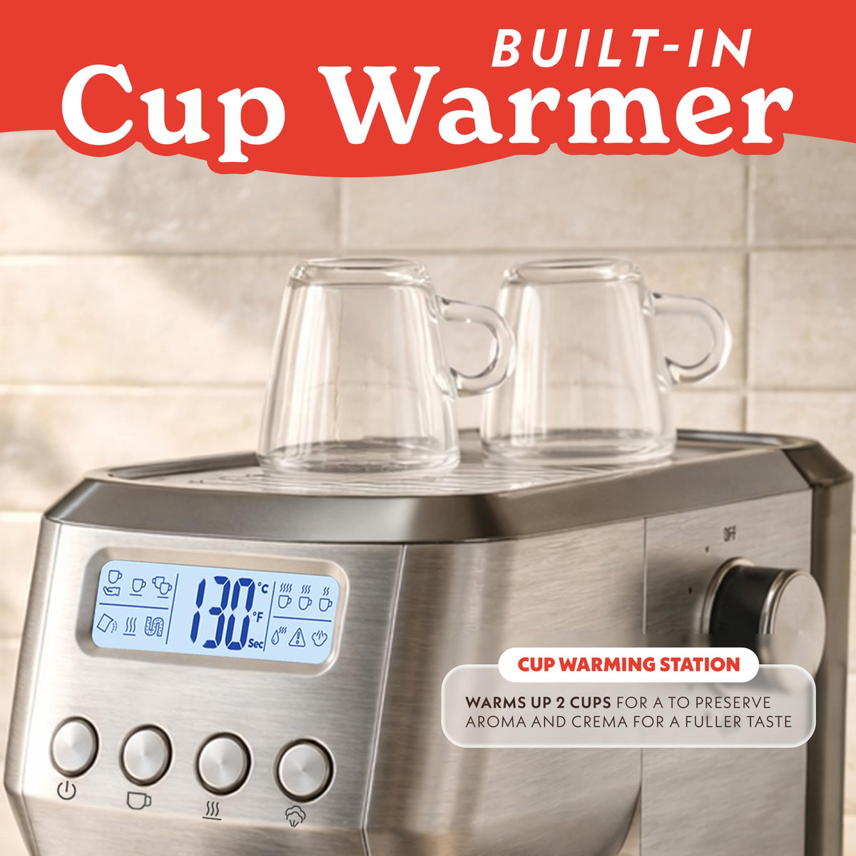 Gourmia Slim Espresso Machine with LCD Screen - Milk Frother, Adjustable Temperature, Manual & Auto Brew, Single/Double Shot, Hot Water Dispenser, Descaling Mode, Compact