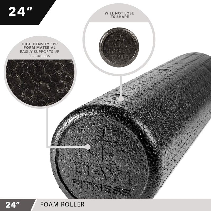 High Density Muscle Foam Rollers by Day 1 Fitness - Sports Massage Rollers for Stretching, Physical Therapy, Deep Tissue, Myofascial Release - Ideal for Exercise and Pain Relief - Solid Black, 24"