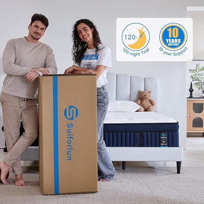 Suiforlun 14 Inch Cal King Mattress with Ice Silk Cover, Euro Top Hybrid Gel Memory Foam with 7-Zone Pocketed Coils, Medium Firm California King Size Mattress for Pressure Relief