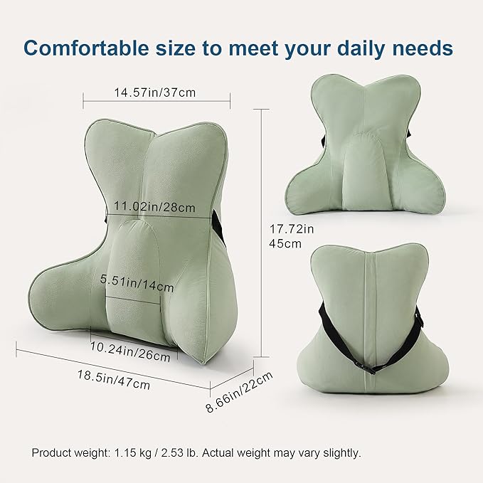 Ergonomic Lumbar Support Pillow(Pat. Pend) – Multi-Functional Back Cushion with Firm Support for Reading, Working & Driving,Celadon Green