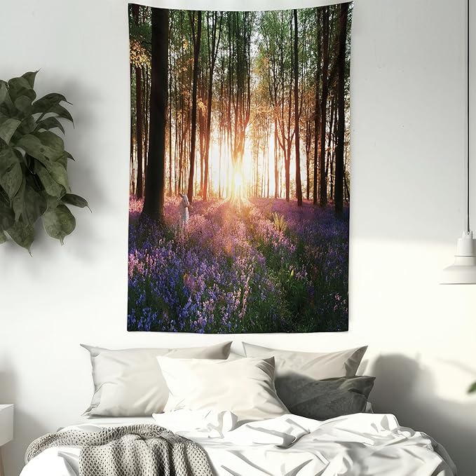 Ambesonne Forest Tapestry, Bluebell Woods Sunrise with White Rabbit Sunny Spring Day in Woodland, Fabric Wall Hanging Decor for Bedroom Living Room Dorm, 23" X 28", Purple Green